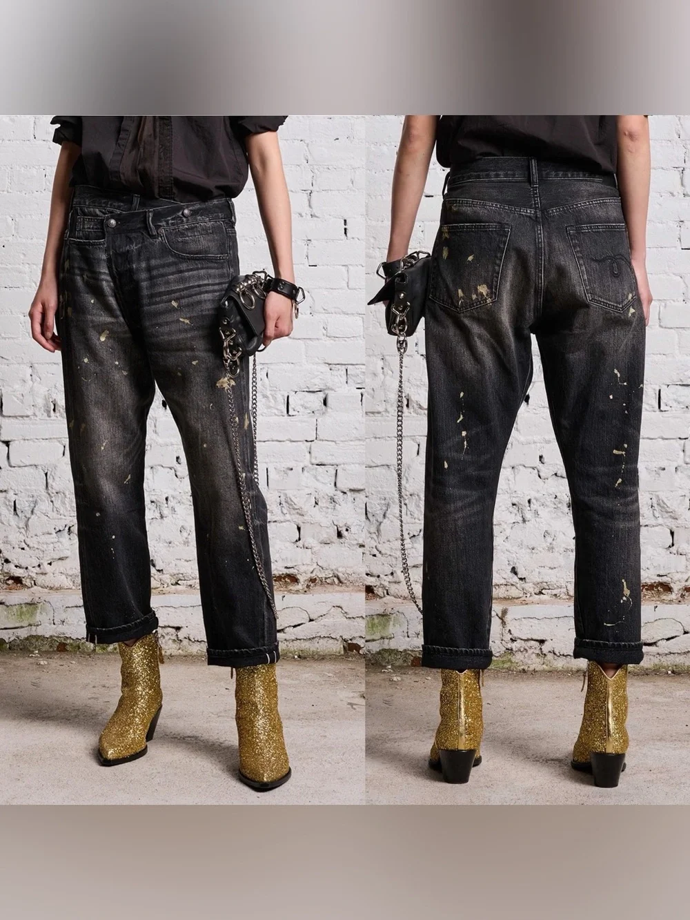 R13 Gold Splatter Crossover Jean in Eton Selvedge Black